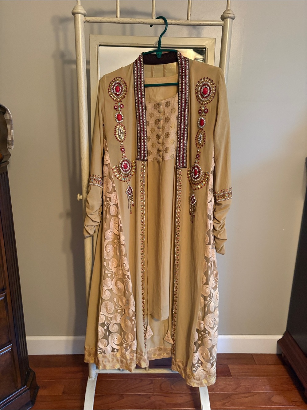 Embellished Beige Long Open Front Jacket with Pink Accents